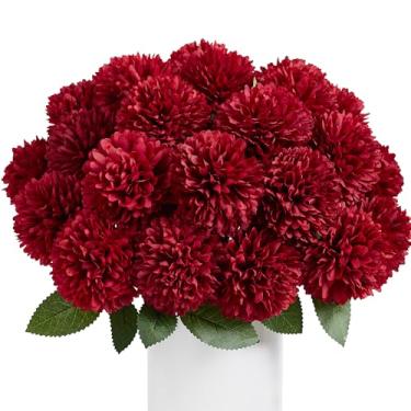 Imagem de SITUMEIZI 12 peças, flor bordô, crisântemos, artificiais, flores, bola, flores falsas, mães, seda, para Halloween, Dia de Ação de Graças, outono, casamento, decoração de casa, arranjo floral