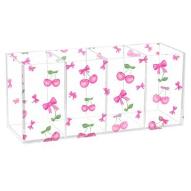 Imagem de Burbuja Porta-canetas de acrílico cereja com laço, 4 compartimentos, suporte de lápis transparente para pincéis de maquiagem, acessórios de mesa de escritório em casa