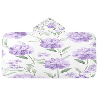 Imagem de Burbuja Toalha de banho com capuz de flores roxas para crianças, toalha de praia de pelúcia macia absorvente para chá de meninas e meninos 3-10 anos, 61 x 127 cm