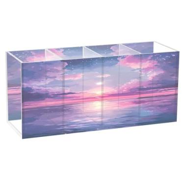 Imagem de Burbuja Porta-canetas de acrílico com céu estrelado com nuvens, 4 compartimentos, suporte de lápis transparente para pincéis de maquiagem, acessórios de mesa de escritório em casa