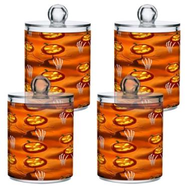 Imagem de STAYTOP 4 frascos de boticário Qtip para banheiro com etiquetas – Recipiente de armazenamento Qtip de plástico transparente acrílico para bola de algodão, cotonete, grão de café - abóbora divertida