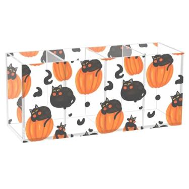 Imagem de Burbuja Porta-canetas de acrílico Cats Lying on Pumpkins, 4 compartimentos, suporte de lápis transparente para pincéis de maquiagem fixos, acessórios de mesa de escritório em casa