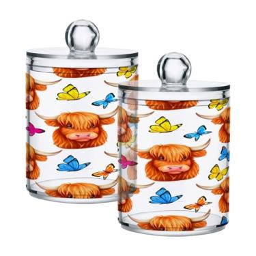 Imagem de STAYTOP 2 frascos de boticário com dispensador Qtip para banheiro com etiquetas – Recipiente de armazenamento Qtip de plástico transparente para bola de algodão, cotonete, grão de café - lindas vacas