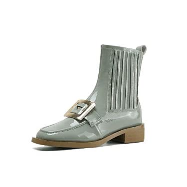 Imagem de TinaCus Bota feminina de couro envernizado feita à mão com fivela de salto baixo casual sem cadarço, Verde claro, 8