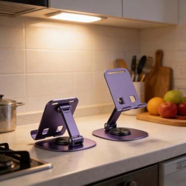 Imagem de Suporte de telefone de mesa ajustável com rotação de 360° – Suporte universal de metal para celular, dobrável e resistente, para todos os smartphones, trabalho e chamadas de vídeo (Roxo)