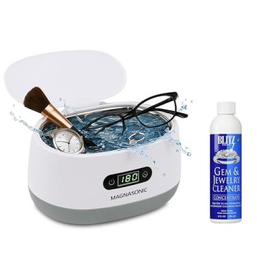 Imagem de Magnasonic Limpador ultrassônico - Limpador de retentor ultrassônico de tanque de 590 ml com solução concentrada de limpador de joias e pedras de 236 ml, temporizador digital, 5 modos de limpeza para