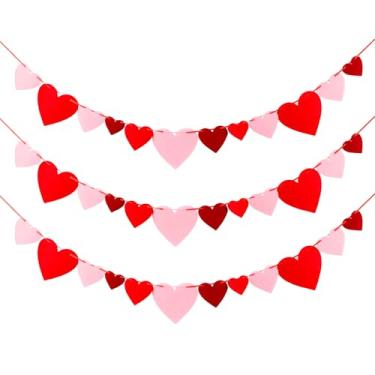 Imagem de Guirlanda de coração de feltro, pacote com 3 faixas de tamanho misto vermelho bordô rosa, decorações de dia dos namorados para festa de casamento e aniversário