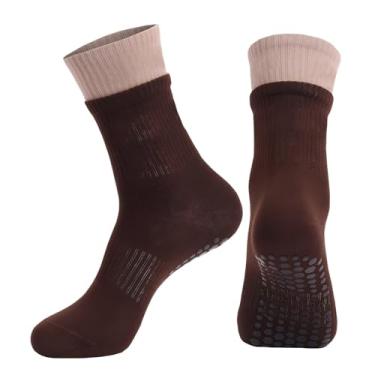 Imagem de Meias de ioga longas antiderrapantes para mulheres com aderência nos dedos – Meias antiderrapantes de pilates, barra, dança e ioga, Marrom, One Size