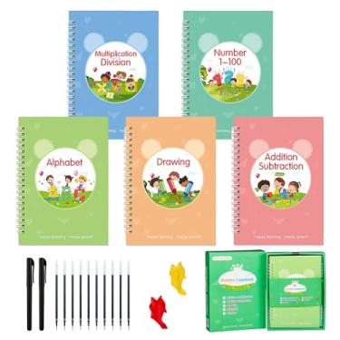 Imagem de Caderno de prática mágica para crianças de 3 a 8 anos, livros de escrita à mão com sulcos reutilizáveis (edição de personagem), livros de caligrafia e escrita a tinta para crianças, 5 livros com