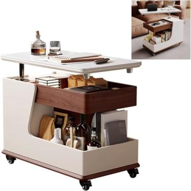 Imagem de Mesa de centro elevatória de madeira maciça com armazenamento, mesa de canto ajustável com suporte giratório de 360° e rodas com trava, para sala de jantar, quarto (branca)