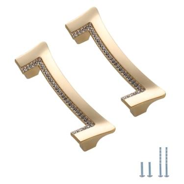 Imagem de Evionlin Pacote com 2 puxadores de armário de cristal dourado puxadores de armário de cozinha 3,78 polegadas (96 mm) Puxadores modernos de gaveta de centro a furo para puxador de armário quarto cômoda