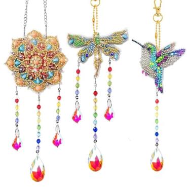 Imagem de 3 peças de kits de chaveiros de pintura de diamante flor borboleta pássaro diamante ornamentos de arte anéis chaveiros DIY arte 5D pedantes para iniciantes, aniversário, Natal, artesanato, decoração