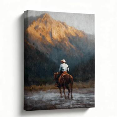 Imagem de Arte de parede em tela, pintura a óleo de paisagem ocidental, Cowboy Riding by Mountain Sunset Impressão em tela vintage, giclée embrulhado em galeria pronto para pendurar, decoração de cabine de sala