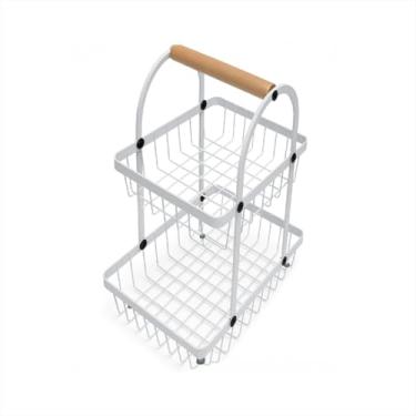 Imagem de Fruteira de Metal Dois Andares com Alça de Madeira para Cozinha Organização e Decoração(Branco)