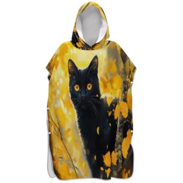 Imagem de Joisal Poncho de surfe para adultos trocador de roupa de praia com capuz toalha de banho absorvente adulto ponchos para mulheres preto gato fofo floresta amarela