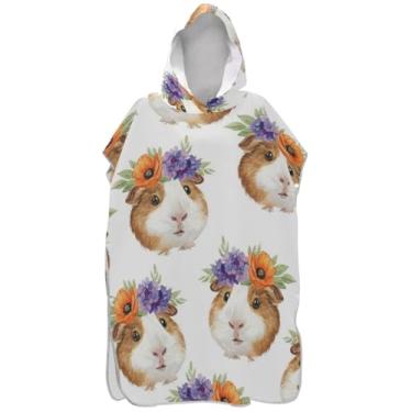 Imagem de Joisal Poncho de surfe branco floral porquinho da índia para trocador adulto plus size unissex poncho adulto com capuz toalha de praia floral