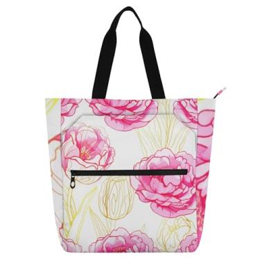 Imagem de GAIGEO Bolsa feminina com tulipas amarelas e flores de peônia rosa bolsa de trabalho de lona escolar bolsa carteiro para amantes de livros
