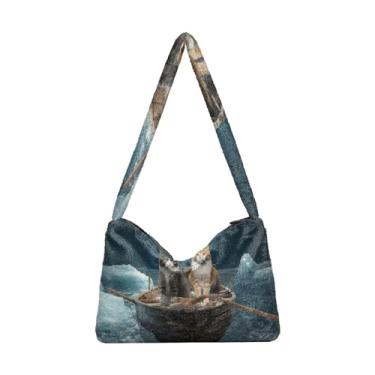 Imagem de GAIGEO Cute Kitten Hidden in the Pocket Bolsa feminina, bolsa de ombro de tamanho médio, bolsa feminina para uso ao ar livre, Viagem de geleira com dois gatos a bordo, One Size