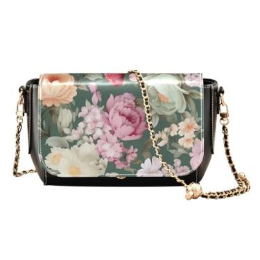 Imagem de Bolsas transversais de couro rosa e renda para mulheres, tamanho médio, bolsa de ombro de couro ajustável com alça, Peônias em um verde - 3, One Size