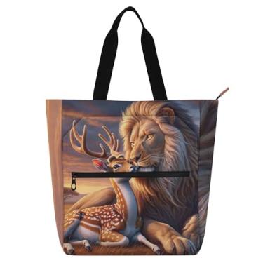 Imagem de GAIGEO Bolsa feminina de trabalho com zíper de lona com zíper e leão, para professores, amantes de livros