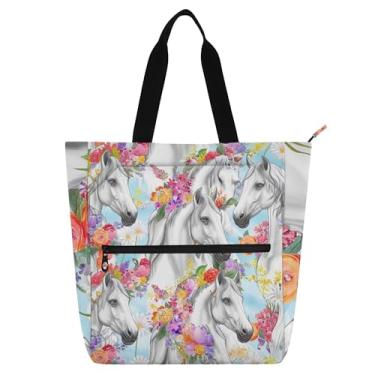 Imagem de GAIGEO Linda sacola de trabalho com cavalos brancos e flores para mulheres, bolsas de tecido de lona, faculdade, escola, presente reutilizável para amantes de livros