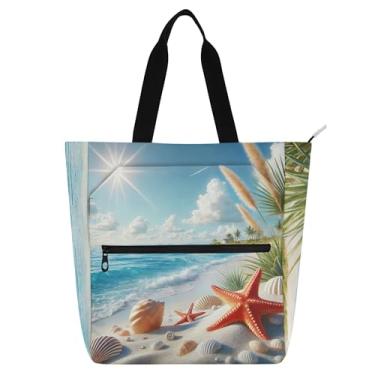 Imagem de Bolsa feminina Coastal Seashell Starfish Beach para trabalho, lona, escola, bolsa para livros, bolsas médias, presente para amantes de livros