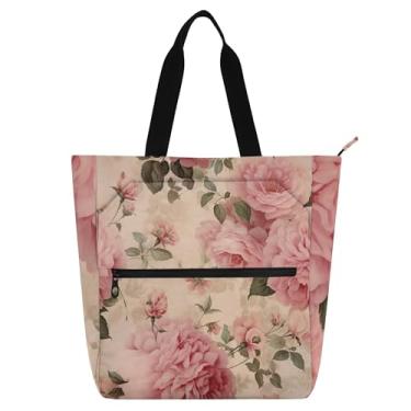 Imagem de GAIGEO Sacola vintage com estampa de rosas rosa para mulheres e crianças, trabalho, escola, professor, floral, bolsa de lona com zíper