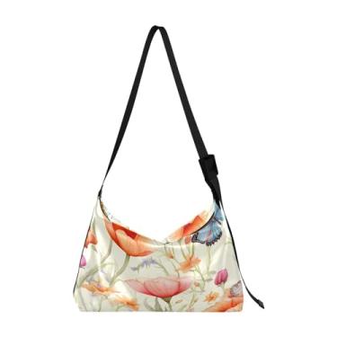 Imagem de Bolsa tiracolo masculina Autumn Fruits Pumpkins de couro, bolsa transversal grande, bolsa de couro com alça de ombro, Tulipas em aquarela com borboleta-3, One Size