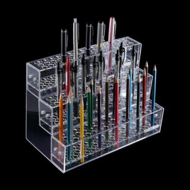 Imagem de PH PandaHall Suporte de caneta de acrílico com 144 furos, suporte para exibição de caneta de 3 níveis, organizador de pincéis de maquiagem, marcador de lápis transparente, suporte para armazenamento