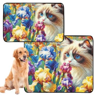 Imagem de TSENQUE Tapetes laváveis para animais de estimação, à prova d'água, tapete de cercadinho para cães, ragdoll, gato, íris, flores, reutilizável para animais de estimação, almofada absorvente, pequeno