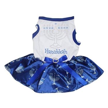 Imagem de Petitebella Roupa para cachorro vestido Hanukkah branco top tutu azul royal (GG, vela Hanukkah"