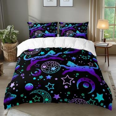 Imagem de AILONEN Conjunto de capa de edredom infantil de gato neon fofo, tamanho king, conjunto de cama de gatinho de desenho animado 3 peças para crianças adolescentes e meninas, capa de edredom kawaii preta