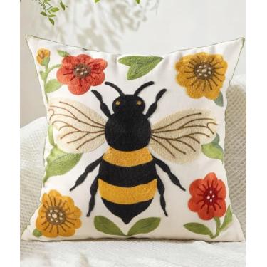 Imagem de Kokaaee Capa de almofada bordada 45,7 x 45,7 cm - Capa de almofada decorativa de primavera Boho com zíper para sofá sofá quarto sala de estar, fronha floral de abelha