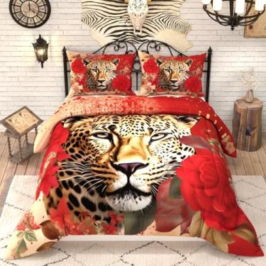 Imagem de Namoxpa Jogo de edredom com estampa de flor rosa 3D com cores vermelhas, guepardo e leopardo, para adultos, masculino e feminino, com 2 fronhas, tamanho king