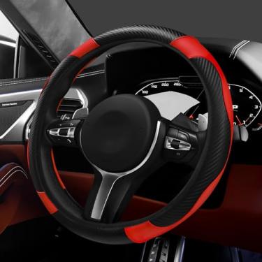 Imagem de Hovom Capa de volante de carro, capa protetora de volante de couro de fibra de carbono estilosa para 38 cm, antiderrapante e confortável, acessórios internos universais para decoração de carro (preto