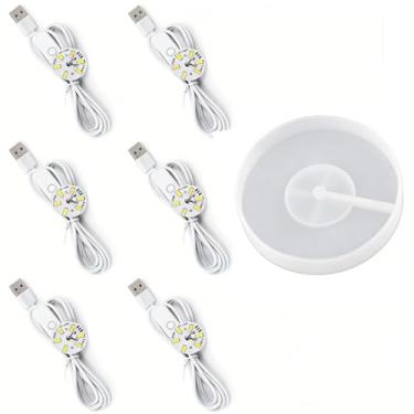 Imagem de 6 peças de molde de resina de silicone com luz LED – molde de lâmpada base de exibição de atividade redonda, moldes de epóxi luminosos alimentados por USB para decoração de casa DIY