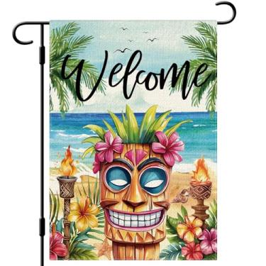Imagem de DLZDN Bandeira de jardim Tiki de verão, 30,5 x 45,7 cm, dupla face, serapilheira vertical, tropical, havaiana, aloha, quintal, sinal, decoração sazonal ao ar livre