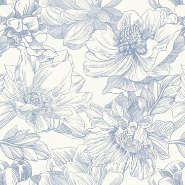 Imagem de Ismoon Papel de parede floral vintage descasque e cole papel de contato bege e azul 17,3 pol. x 6,15 m papel de parede autoadesivo removível para banheiro quarto armário mural decoração de parede