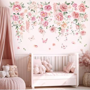 Imagem de DECOWALL SG3-2428 Adesivos de parede de videira rosa decalques quarto sala de estar flor decoração arte floral rosa tv decoração borboleta berçário descascar e colar