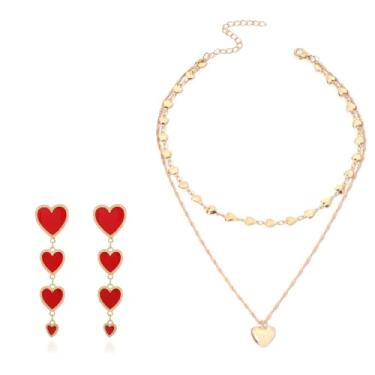 Imagem de YAMUDA Colar gargantilha de camada dupla de corações celestiais com brincos de gota vintage estilo vintage