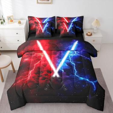 Imagem de Erosebridal Jogo de cama solteiro com sabre de luz, galáxia, relâmpago, 7 peças, para decoração de quarto de crianças, meninos, meninas, adolescentes, céu estrelado, lençol com 2 fronhas, lençol de