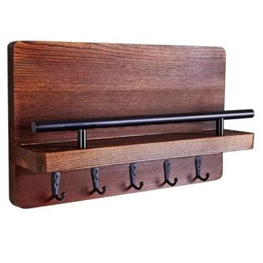 Imagem de 5sssallefaa Cabideiro montado na parede suporte de madeira natural rack de armazenamento cinco ganchos casaco roupas casaco chave chapéu armazenamento prateleira decoração de quarto suporte de parede