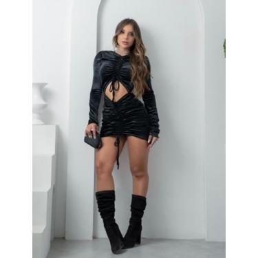 Imagem de Vestido Curto de Veludo Francis Recorte na Cintura e Decote nas Costas