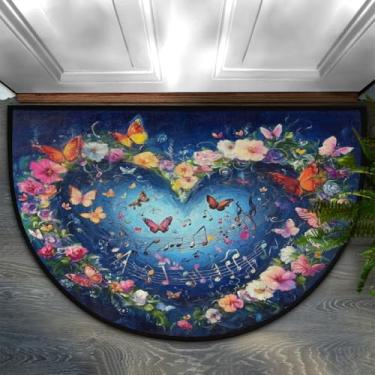 Imagem de GeMeFv Tapete de porta meio redondo com flores musicais em forma de coração, borboletas, meio círculo, tapete antiderrapante, meia lua, para ambientes internos e externos, cozinha, decoração de casa