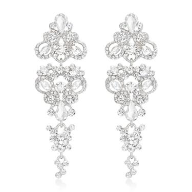 Imagem de EleQueen Brincos femininos de liga metálica, brincos de gota vintage simétricos com cristal brilhante, joias elegantes para noivas e damas de honra, Cristal, Cristal