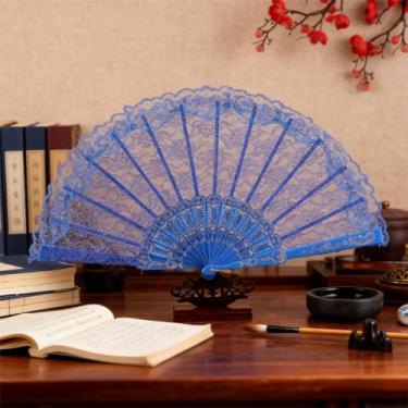 Imagem de Ventilador de renda dobrável portátil - Decoração chinesa vintage leque bordado para casamento, fantasia melindrosa dos anos 20, dança, chá e chá de panela, azul
