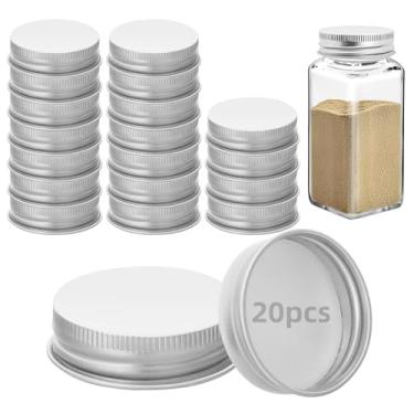 Imagem de 20 tampas de potes de ferro para potes quadrados de 113 g e 170 g reutilizáveis latas herméticas de armazenamento de especiarias para cozinha de vedação agradável (prata)