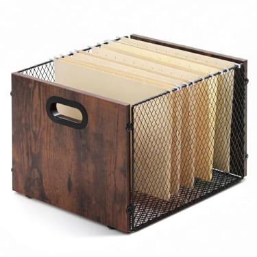 Imagem de Yalikop Organizador de arquivos pendurado, caixa de arquivos, pastas suspensas, armário rústico de madeira marrom com alça para mesa de escritório em casa, tamanho carta