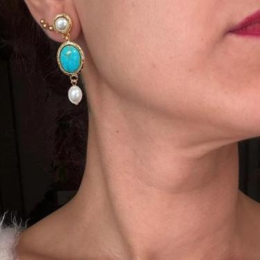 Imagem de 2 peças de brincos vintage turquesa imitação pérola minimalista de metal para mulheres, perfeitos para roupas de festa e uso diário