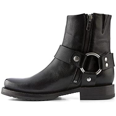 Imagem de Frye Bota feminina Veronica Harness Short de 15 cm feita de 100% couro com zíper interno, arnês de encaixe/desliga, construção Goodyear Welt e forro de couro, Preto 1, 7.5